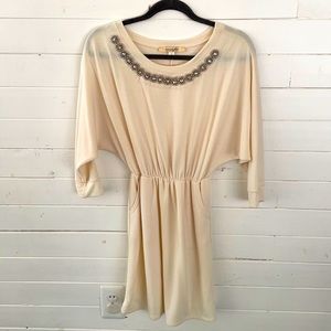 Dolman Sleeved Cream Dress with Embellished Neck
